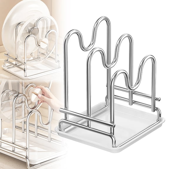 Stainless Steel Cutting Board Holder Rack with Lid and Pan Organizer, Two-Compartment Kitchen Counter Drying Rack with Drip Tray for Pot Lid and Chopping Board Storage