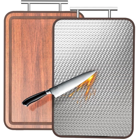Stainless Steel Cutting Board Wood Double Sided Chopping Cutting Boards for Kitchen - 2 in 1 Ebony Metal with Handle Scratch Resistant Raw Meat Vegetable Fruit Cooking Gift 17.7''×11.6''×1''
