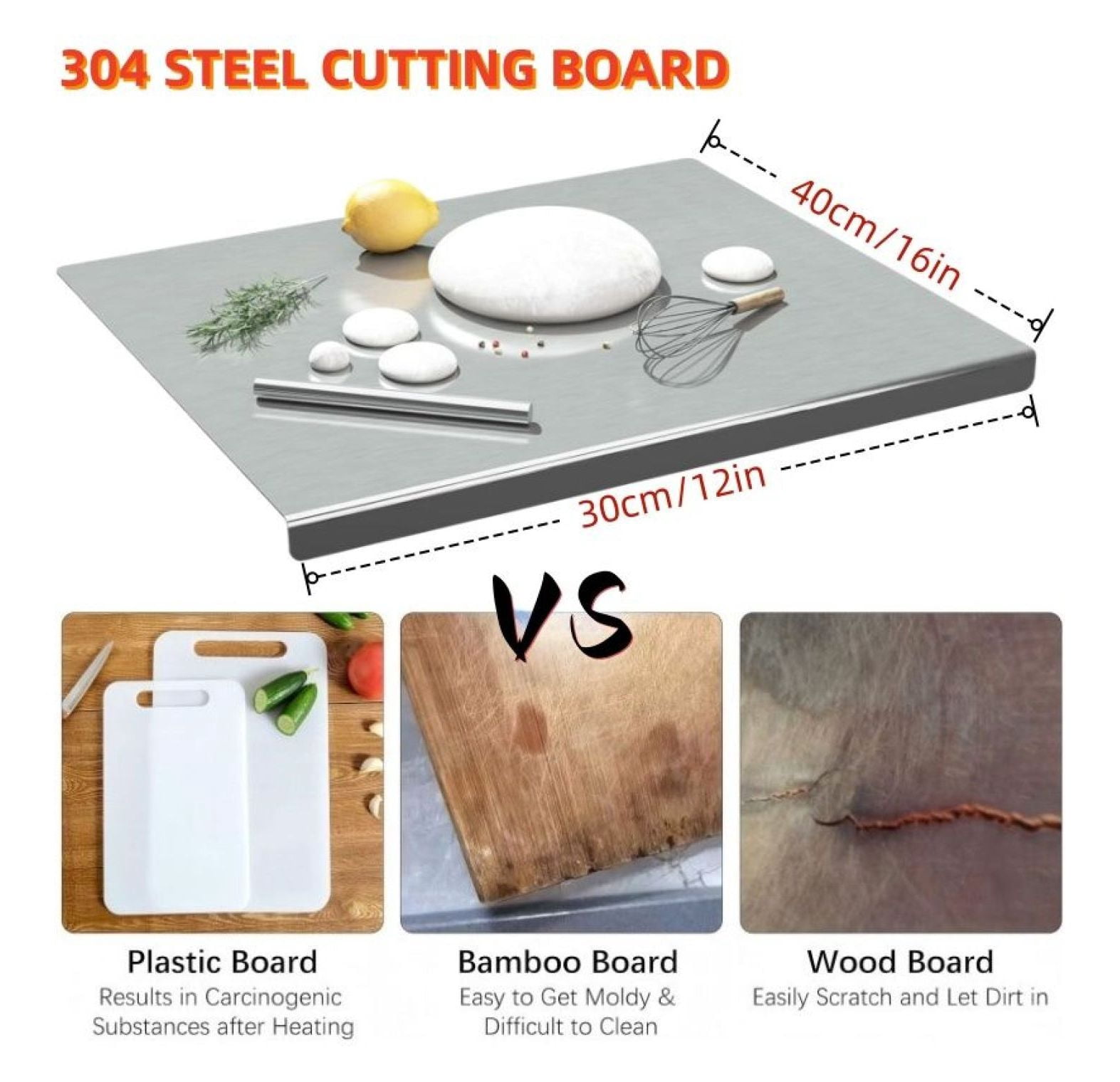 Stainless Steel Cutting Board XXL - 304 Food Grade, Anti-Slip, Mildew Proof