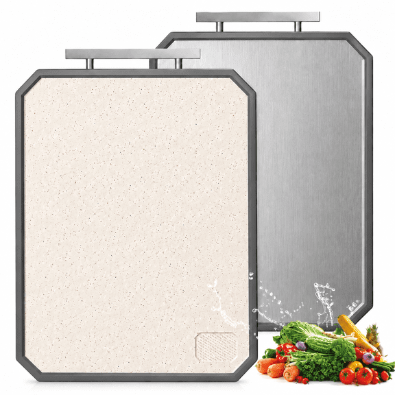 Behome 2-in-1 Stainless Steel Cutting Board, Non Toxic Double Sided Cutting Board for Kitchen, Food Grade Metal & Wheat Straw PP Chopping Board for Meat, Cheese and Vegetables, 16" x 11"