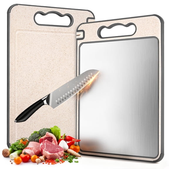 Stainless Steel Cutting Board for kitchen Non Toxic, BUSATIA Double Sided 304 Stainless Steel & Wheat Straw Chopping Board, 14.4"*9.8",Separately Handle Meat and Vegetables, Dishwasher Safe