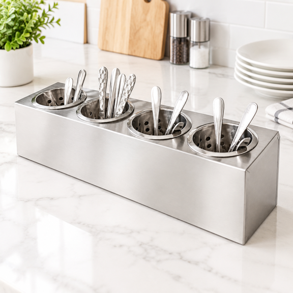 Stainless Steel Cylinder Flatware Organizer with 4 Holes, Kitchen Utensil Holder