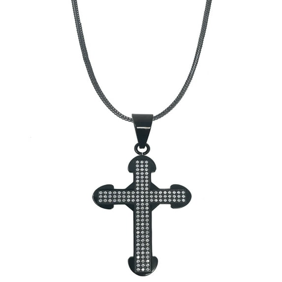 Stainless Steel Cz Cross W/ Black Finish Brass Franco Chain Necklace Men's New