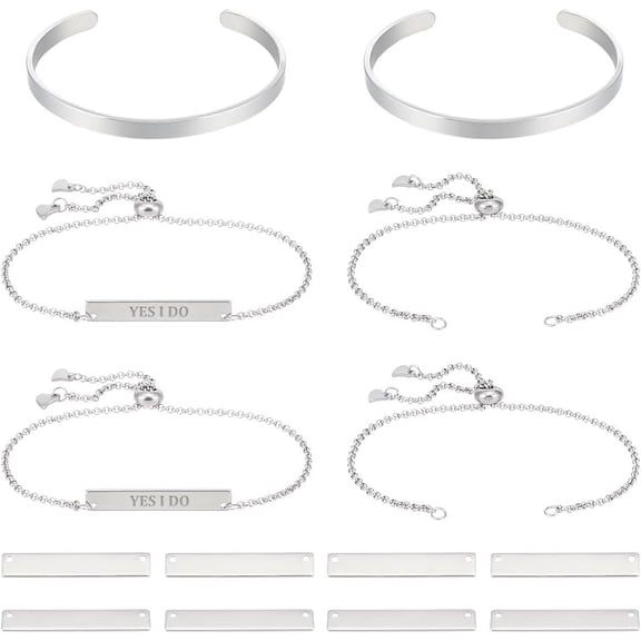 Stainless Steel DIY Blank Rectangle Link Slider Bracelet Making Kit 25cm Long Cuff Bangle Engraveable Blank Tags Links Connectors with Bracelets Chain Hole 1.5mm for DIY Jewelry Making for DIY