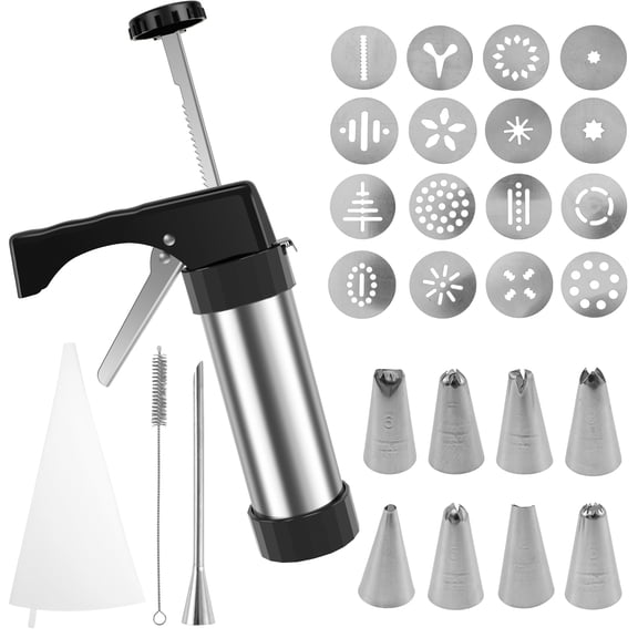 Cookie Press Gun Kit Stainless Steel 16-Disc 8-Tip Multipurpose Cookie Press for DIY Various Cookies Maker