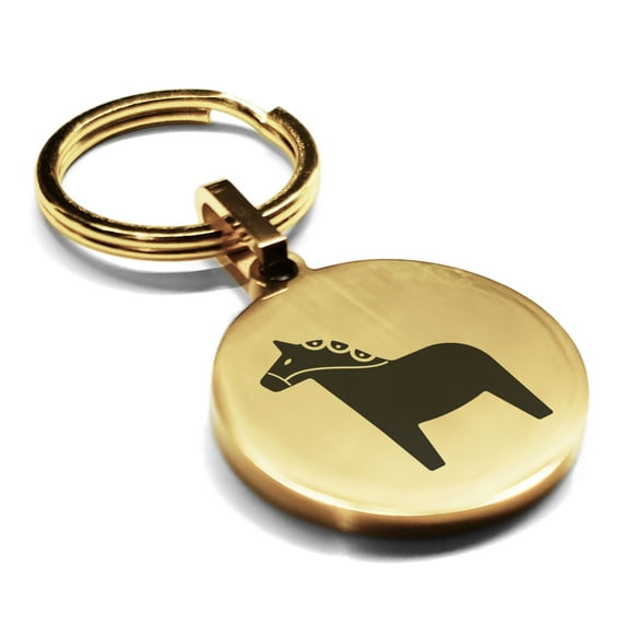 Stainless Steel Dala Horse Good Luck Charm Round Medallion Keychain Circle Ring