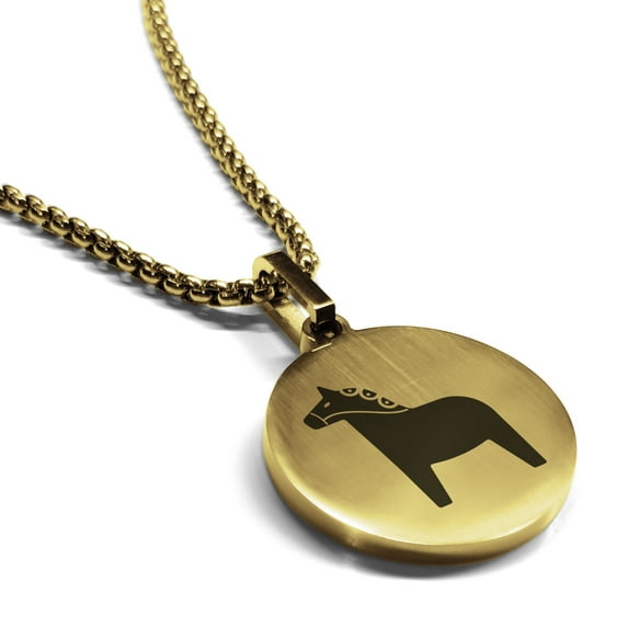 Stainless Steel Dala Horse Good Luck Charm Round Medallion Pendant Necklace