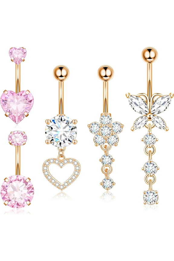 Stainless Steel Dangle Belly Button Rings Piercing for Women Belly Ring Dangling Jewelry with Heart Flower Butterfly Rose Gold 14G
