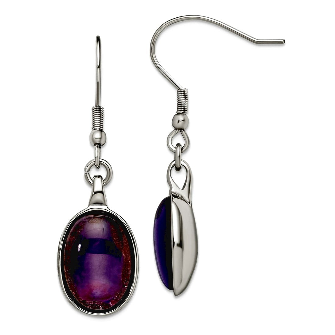 Stainless Steel Polished Shepherd hook Simulated Amethyst Earrings 38x11mm Wide Dangle Earring for Women