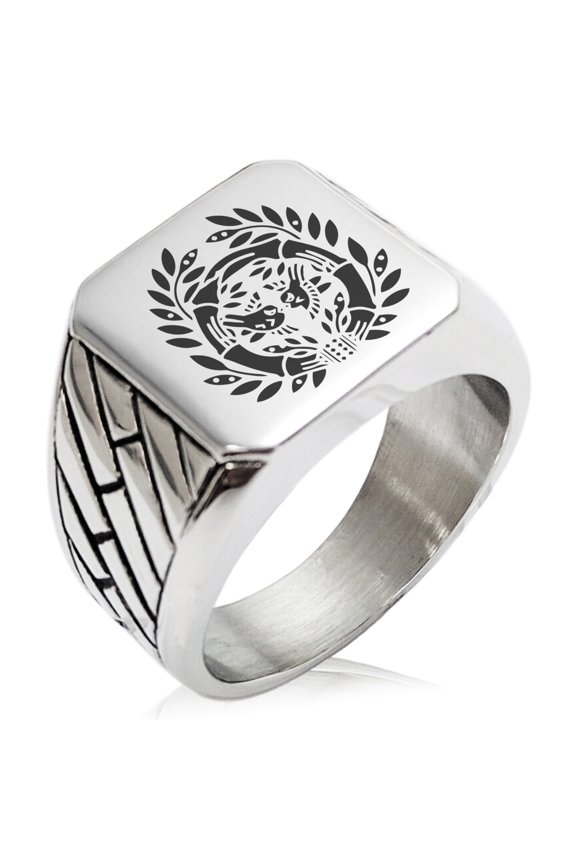 Stainless Steel Date Masamune Samurai Crest Geometric Pattern Biker Style Polished Ring