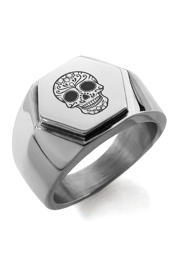 Stainless Steel Day of the Dead Calaveras Mischievous Skull Engraved Hexagon Crest Flat Top Biker Style Polished Ring