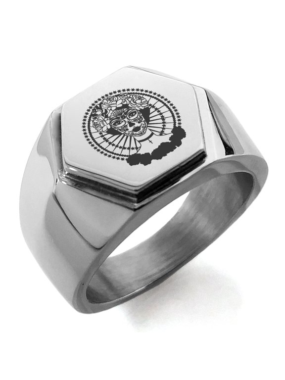 Stainless Steel Day of the Dead Rose Calavera Engraved Hexagon Crest Flat Top Biker Style Polished Ring