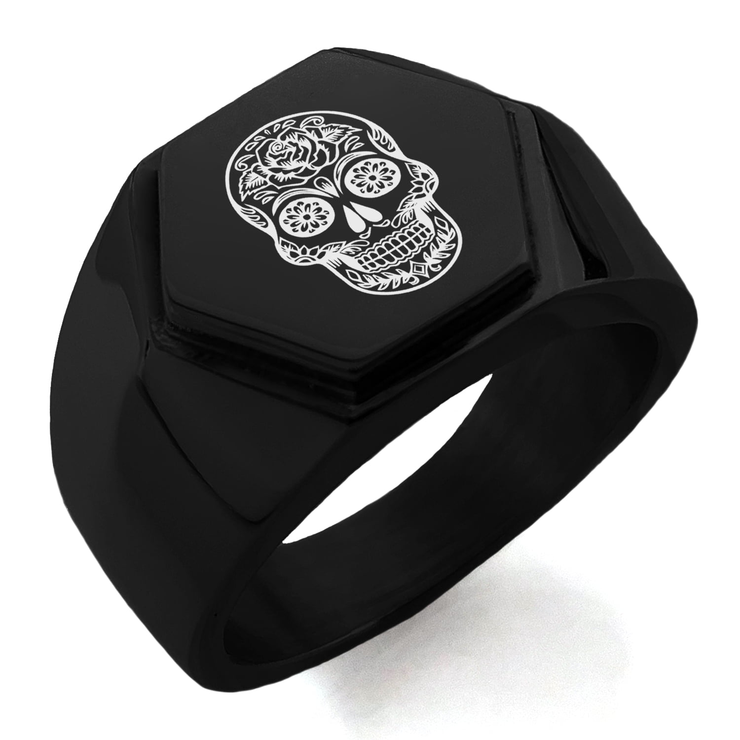 Tioneer Stainless Steel Mayan Hunab Ku Rune Engraved Hexagon Crest Flat Top Biker Style Polished Ring
