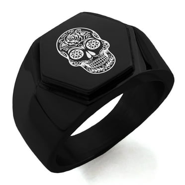 Stainless Steel Day of the Dead Sugar Skull Engraved Hexagon Crest Flat Top Biker Style Polished Ring