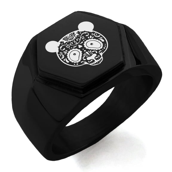 Stainless Steel Day of the Dead Sugar Skull Panda Engraved Hexagon Crest Flat Top Biker Style Polished Ring