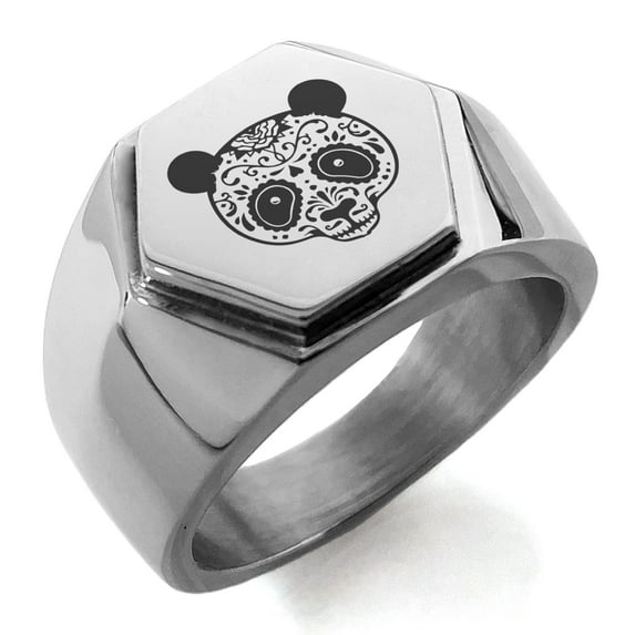 Tioneer Stainless Steel Day of the Dead Sugar Skull Panda Engraved Hexagon Crest Flat Top Biker Style Polished Ring