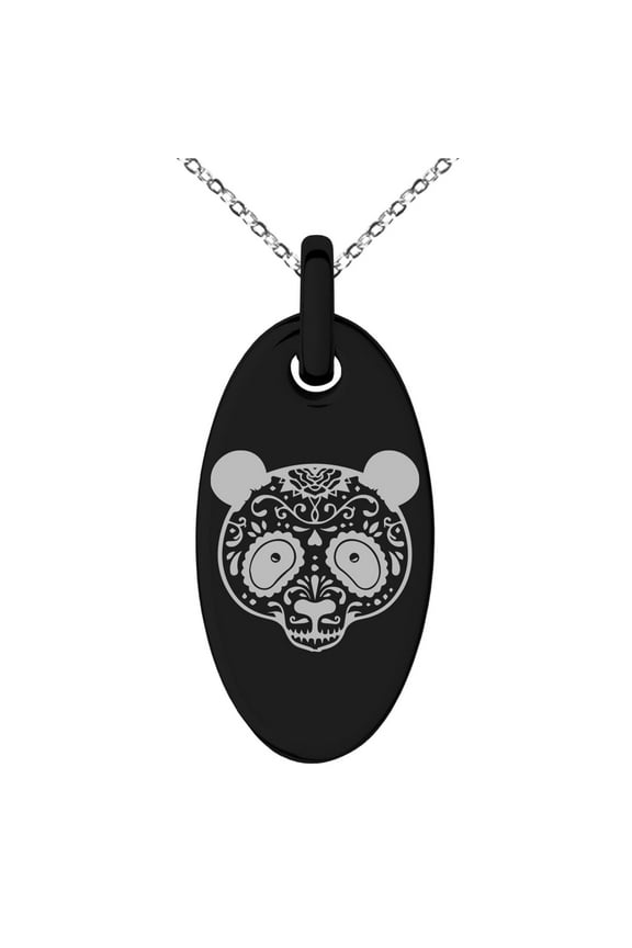 Stainless Steel Day of the Dead Sugar Skull Panda Engraved Small Oval Charm Pendant Necklace