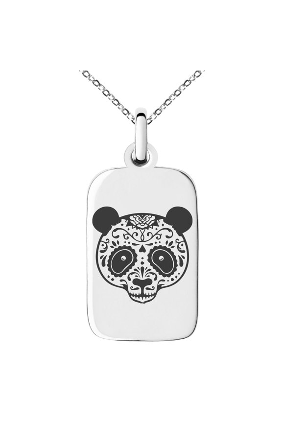 Stainless Steel Day of the Dead Sugar Skull Panda Engraved Small Rectangle Dog Tag Charm Pendant Necklace
