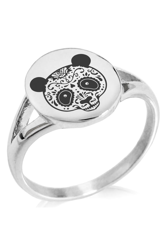 Stainless Steel Day of the Dead Sugar Skull Panda Minimalist Oval Top Polished Statement Signet Ring