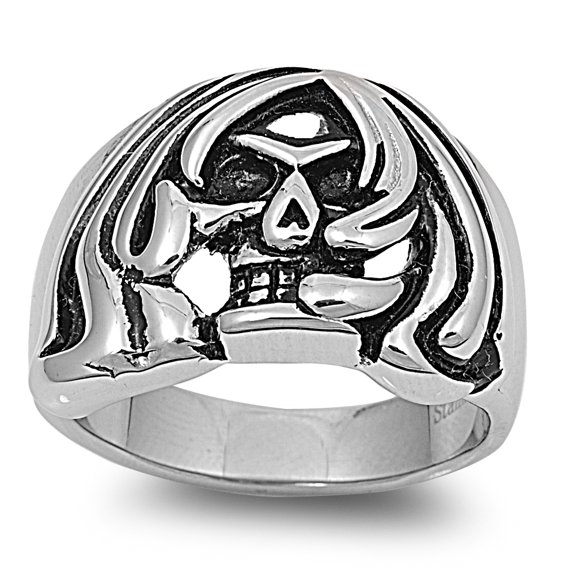 Stainless Steel Death Cloak Skull Biker Ring