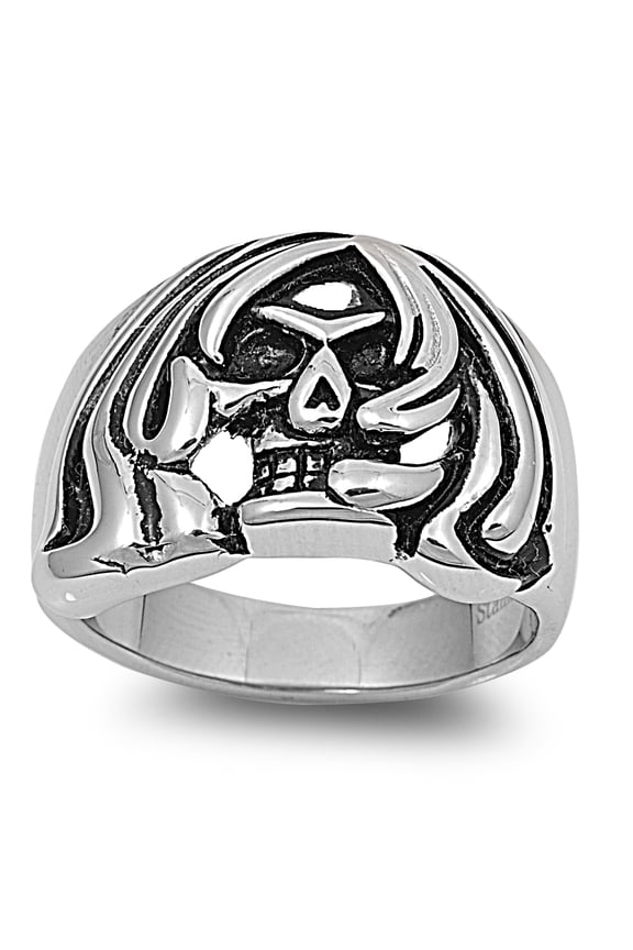 Stainless Steel Death Cloak Skull Biker Ring