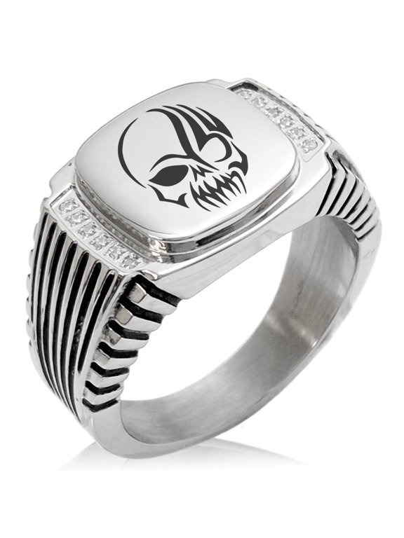 Stainless Steel Death Zombie Skull CZ Ribbed Needle Stripe Pattern Biker Style Polished Ring