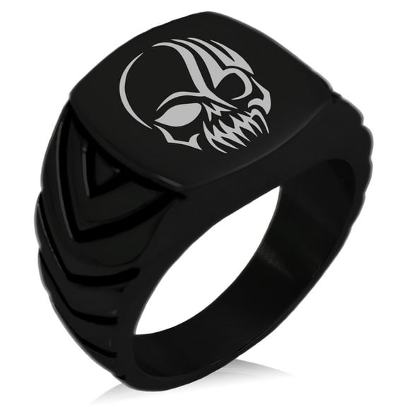 Stainless Steel Death Zombie Skull Chevron Pattern Biker Style Polished Ring