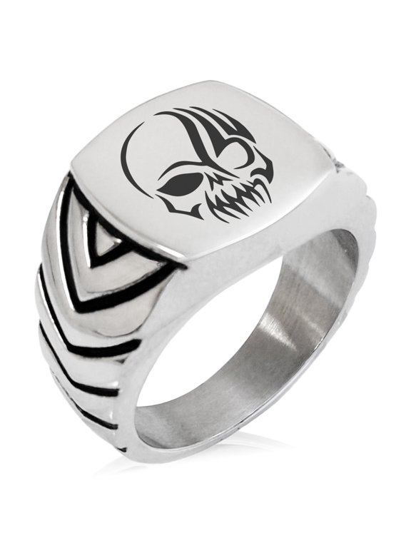 Stainless Steel Death Zombie Skull Chevron Pattern Biker Style Polished Ring