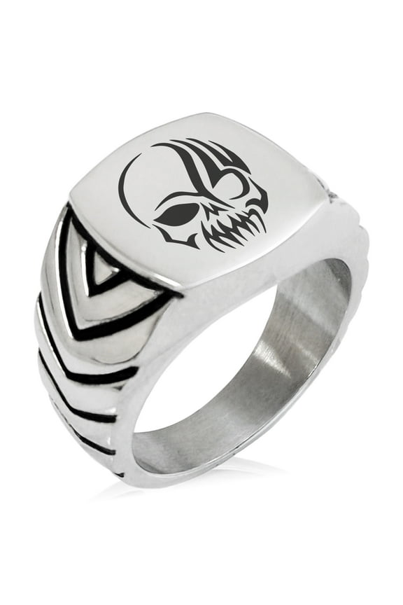 Stainless Steel Death Zombie Skull Chevron Pattern Biker Style Polished Ring