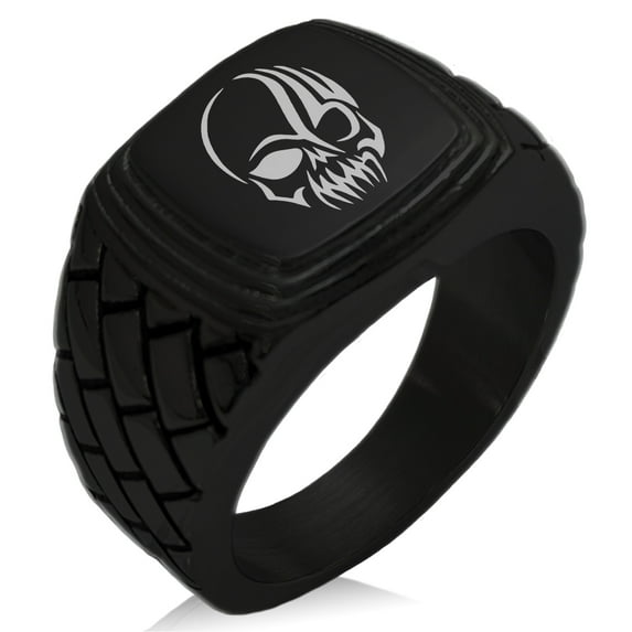 Tioneer Stainless Steel Death Zombie Skull Geometric Pattern Step-Down Biker Style Polished Ring