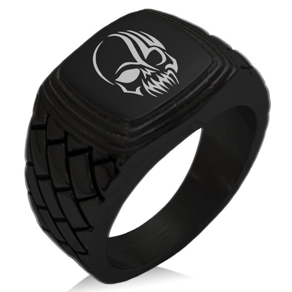 Stainless Steel Death Zombie Skull Geometric Pattern Step-Down Biker Style Polished Ring