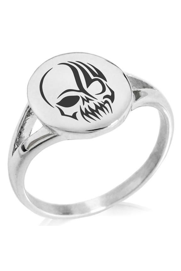 Stainless Steel Death Zombie Skull Minimalist Oval Top Polished Statement Signet Ring