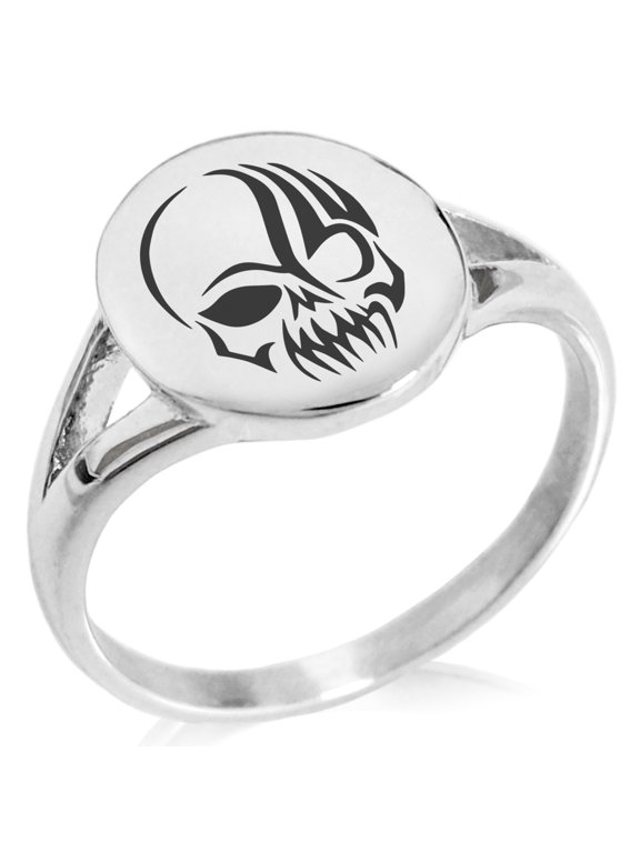 Stainless Steel Death Zombie Skull Minimalist Oval Top Polished Statement Signet Ring