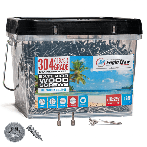 Stainless Steel Deck Screws #10 X 2 1/2 inch | T25 Star Torx Drive | 1750 Pieces | Stainless Wood Screws for Construction | High Corrosion Resistance