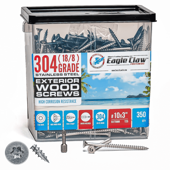 Stainless Steel Deck Screws #10 X 3 inch | T25 Star Torx Drive | 350 Pieces | Stainless Steel Wood Screws for Construction | High Corrosion Resistance