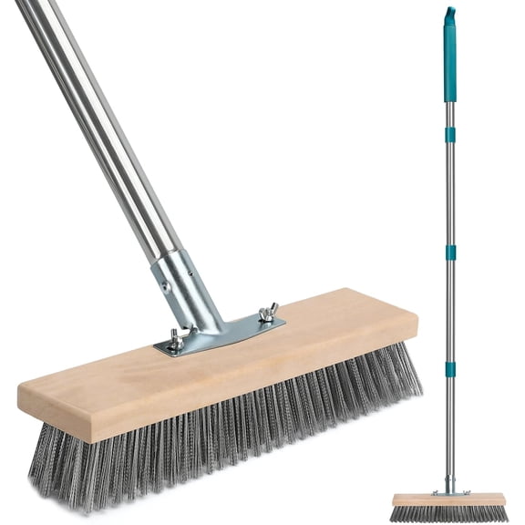 Stainless Steel Deck Scrub Brush with Long Handle, Outdoor Broom for Concrete, Deck, Cement Floor Cleaning, 53" Long Handled Heavy Duty Floor