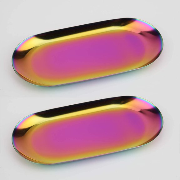 Stainless Steel Decorative Tray, Set of 2, 7 Inch Long, Jewelry Dish Cosmetics Organizer Bathroom Clutter Serving Platter Small Storage Tray, Oval, Holographic