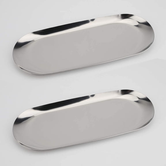Stainless Steel Decorative Tray, Set of 2, 7 Inch Long, Jewelry Dish Cosmetics Organizer Bathroom Clutter Serving Platter Small Storage Tray, Oval, Silver