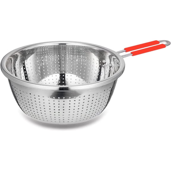 Stainless Steel Deep Colander Micro-perforated 2.5 Quart Metal Food Strainer with Green Silicone Handles for Draining Pasta Cleaning Food like Fruit