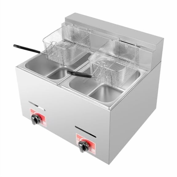 Stainless Steel Deep Fryer with Frying Baskets and Lid, 12.7QT/12L Capacity Countertop Deep Fryer Oil Frying Pot Kitchen Frying Machine Table Snack Fryer Double Cylinder Gas Fryer (LPG)