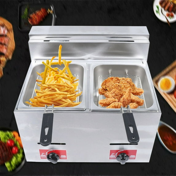 Stainless Steel Deep Fryer with Frying Baskets and Lid, 12.7QT/12L Capacity Countertop Deep Fryer Oil Frying Pot Kitchen Frying Machine Table Snack Fryer Double Cylinder Gas Fryer LPG Deep Fryer