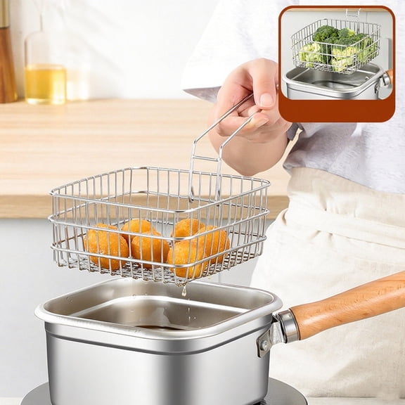 Stainless Steel Deep Fryer Pot with Basket - Portable Outdoor Square Fryer for Camping Kitchen - Multipurpose Cooking Pot for Frying Boiling Steaming - Heat Resistant Wooden Handle
