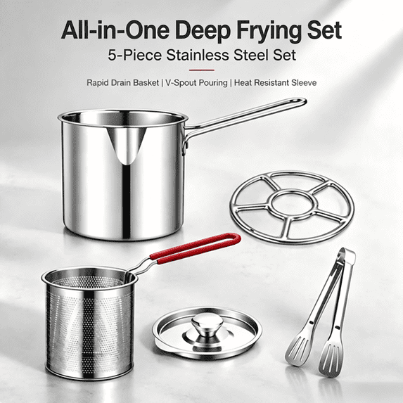 Stainless Steel Deep Fryer Pot Set - 5 Pcs Small Frying Pot with Fry Basket,Lid,Steam Rack,Tong,Heavy Duty Home Kitchen French Fries Chicken Fryer Kit