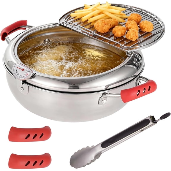 Stainless Steel Deep Fryer Pot with Temperature Control, Tongs and Handle Covers, Japanese Tempura Pot Set, Oil Drip Drainer Rack, 11 x 6.1 in for French Fries, Chicken