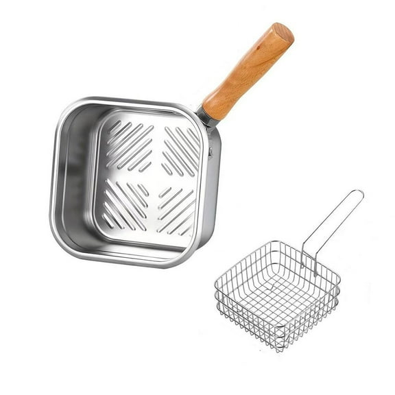 Stainless Steel Deep Fryer Pot with Basket 8 Inch Outdoor Camping Cookware Multi-Functional Frying Pan Heat-Resistant Handle Dishwasher Safe