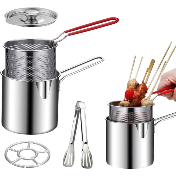Stainless Steel Deep Fryer Pot with Strainer Basket Kitchen Utensils, 1.7L, Silver, 1-Pack