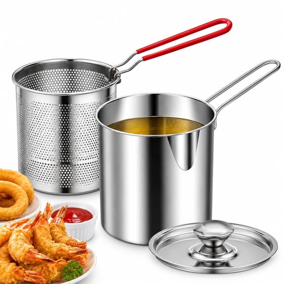Stainless Steel Deep Fryer Set, Small Pot with Handle, Strainer Basket & Oil Container Personal Mini Deep Fryer for Fries, Fish, Chicken (3 Piece set)