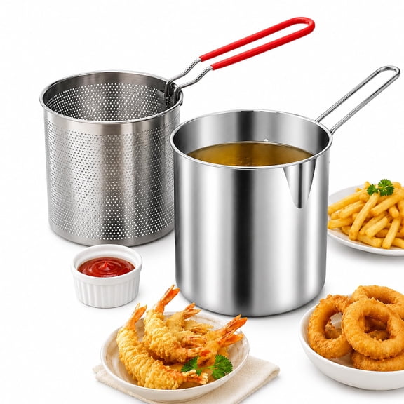 Stainless Steel Deep Fryer Set, Small Pot with Handle, Strainer Basket & Oil Container Personal Mini Deep Fryer for Fries, Fish, Chicken (3 Piece set)