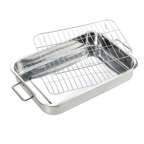 Stainless Steel Deep Roasting Pan with Removable Grill Rack, Oven Baking and Roasting Tray Set with Handles for Turkey, Meat, Vegetables, Mirror Polished Finish, Easy to Clean(42 * 32 * 6.5CM)