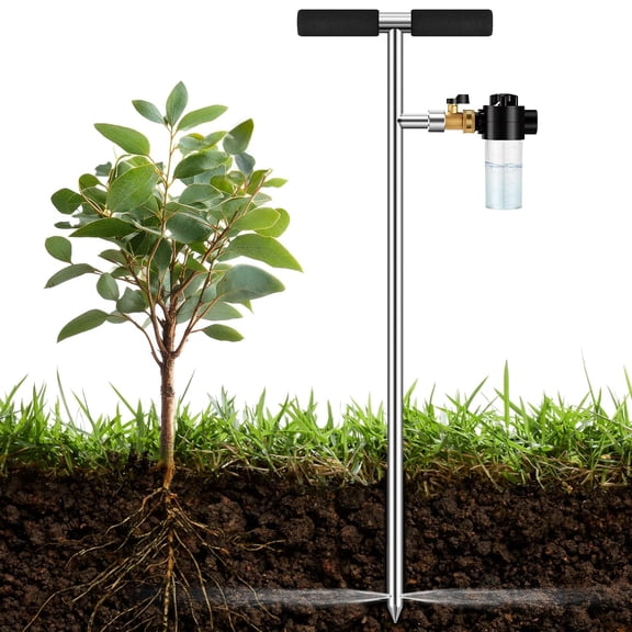 Stainless Steel Deep Root Watering Tool Root Feeder Watering Spike with Fertilizer Bottle Brass Valve and T Handle for Garden Trees Shrubs